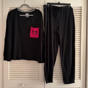 MUK LUKS Waffle & Ribbed Knit Decal Lounge Set Black XL